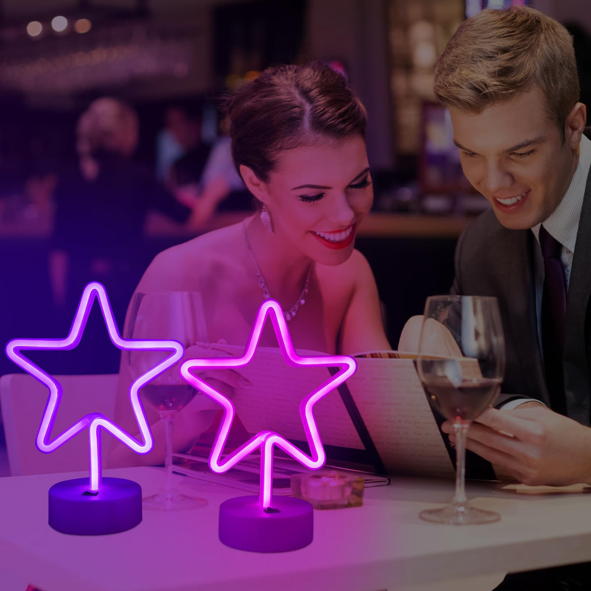TT·SSTIE Star Neon Sign LED Star Lights for Wall Decor Battery Powered or USB Neon Star Light with Base Neon Sign for Bedroom Party Bar Gift Birthday Decoration Pink & Purple-2PCS