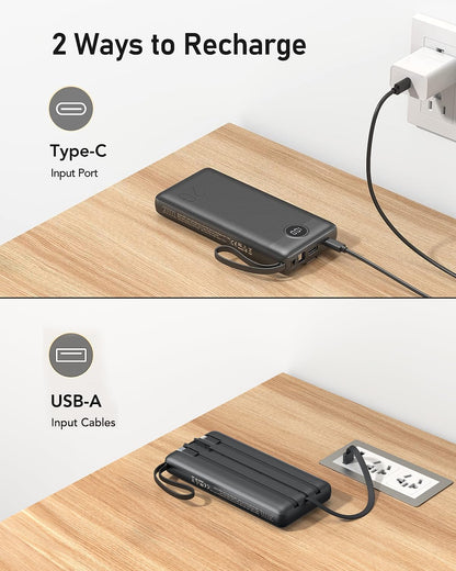 VEEKTOMX Portable Charger Built-in Cables,10000mAh Power Bank for iPhone,Fast Charge USB C Battery Pack Travel Essentials Powerbank Compatible with iPhone 17/16/15/14, Samsung S25/24, Android, etc