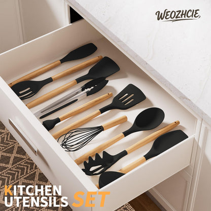 Silicone Cooking Utensil Set,12 PCS Cooking Cookware Kitchen Utensils Set for Cooking, Nonstick 446°F Heat-Resistant Cookware Kitchen Tools of Spoon,Brush,Whisk,Spatula,Turner Tongs (Black)