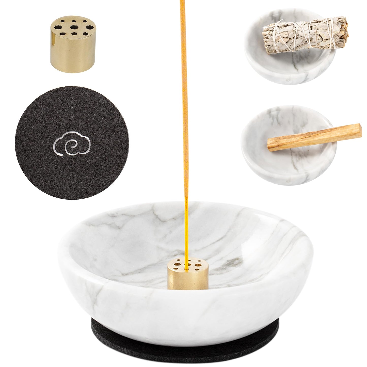 Fasolahome 4 in 1 Incense Burner, Marble Palo Santo Holder, Smudge Bowl for White Sage, Sage Holder Incense Cone Holder 4.7 inches Ash Catcher Tray for Meditation