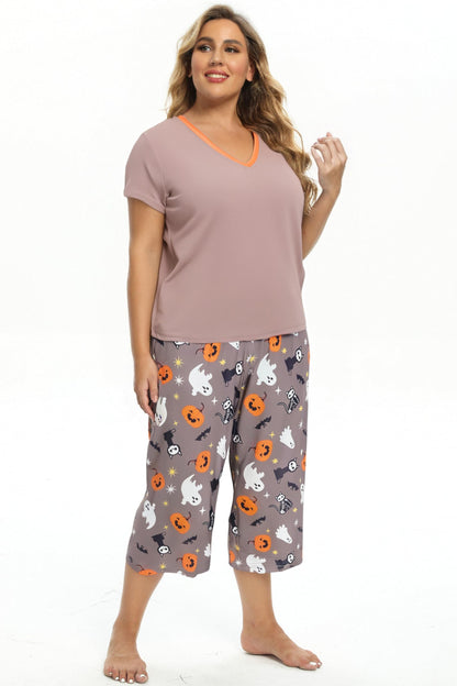 Vozanet Women's Pajamas Set Soft V Neck Sleepwear Top and Capri Pj Lounge Sets Plus Size Novel Floral Design Elegant Loungewear Capri Sets, Ghost Pumpkin, XX-Large