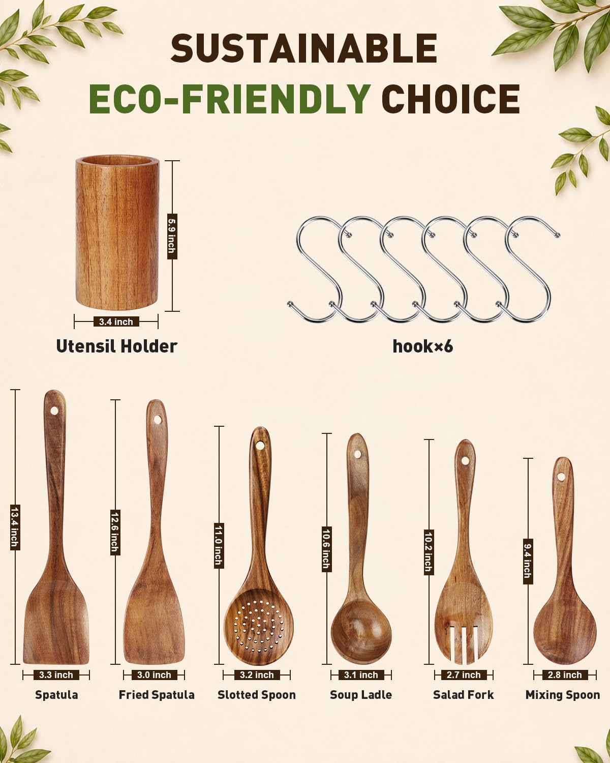 Noarsen 7 PCS Natural Solid Teak Wooden Kitchen Utensil Set with Holder