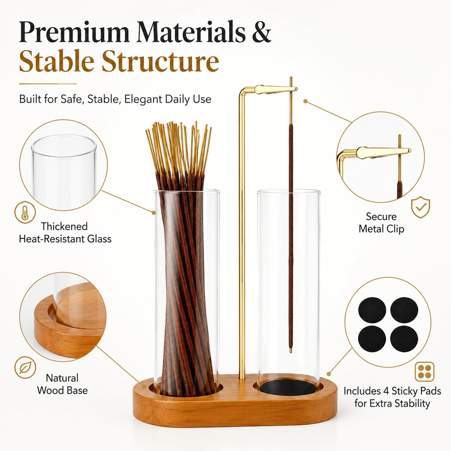 2 in 1 Incense Stick Holder - Glass Incense Holder with Ash Catcher & Incense Storage and Sticky Pads, Anti-Ash Flying Incense Stick Burner for Meditation Yoga Spa Home Office Decor