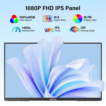 InnoView 23.8" Large Portable Monitor, FHD 144HZ 100% SRGB IPS USB-C HDMI Work Home Gaming Second Monitor 1080P W/180°Adjustable Stand for Laptop, MacBook, Phones