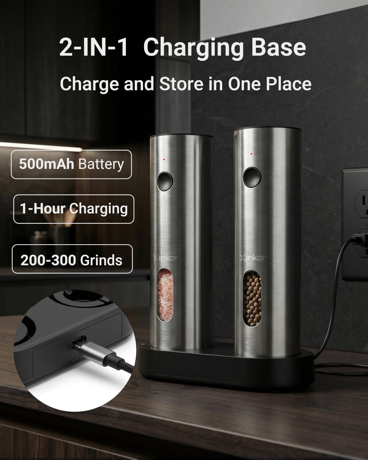XINKOR Electric Salt and Pepper Grinder Set with USB-C Charging Base, Stainless Steel Automatic Rechargeable Salt and Pepper Grinder with LED Light & Large Capacity, 6 Adjustable Coarseness Settings