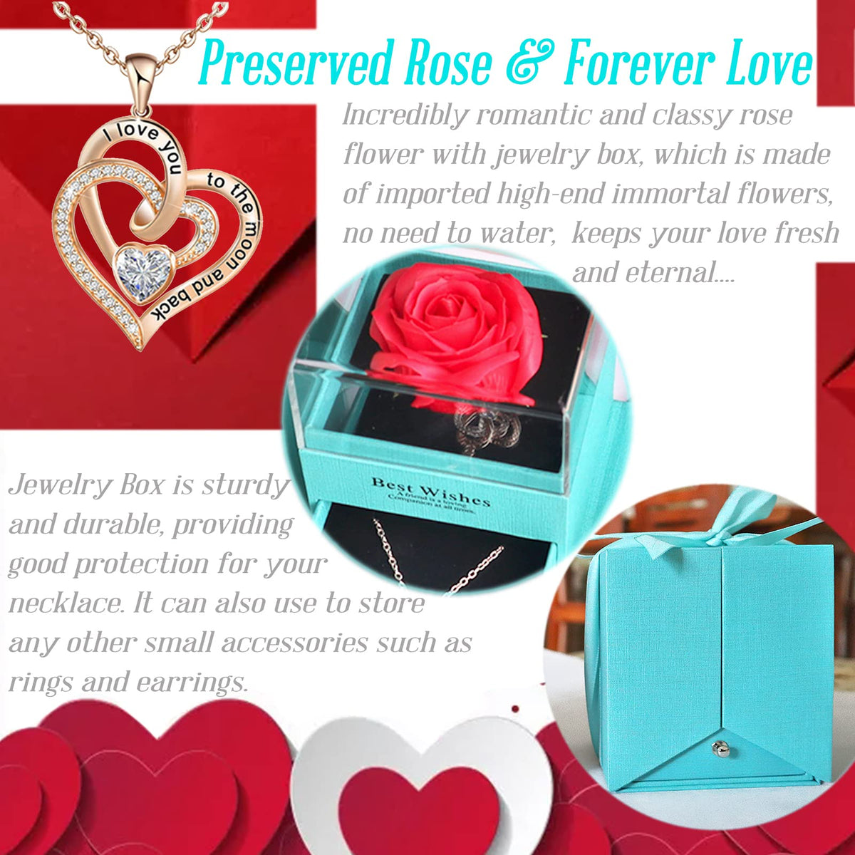 JOACHIO Mom Gifts, Preserved Rose Box with Heart Necklace,Gift Box and Cards, Gifts Ideas for Her, Gift Card Eternal Flowers for Mothers Day, Valentines, Birthday, Anniversary