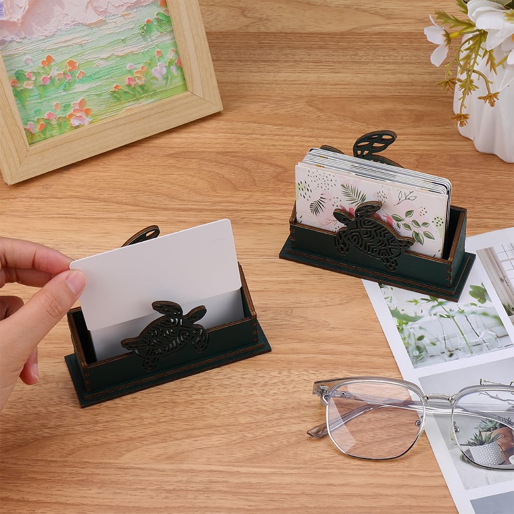 CREATCABIN Sea Turtle Business Card Holder for Desk Wooden Decorative Business Cards Display Stand Green Open Postcard Organizers for Desktop Office Home Tabletop Exhibition Decor 4.5x1.6x3.5Inch