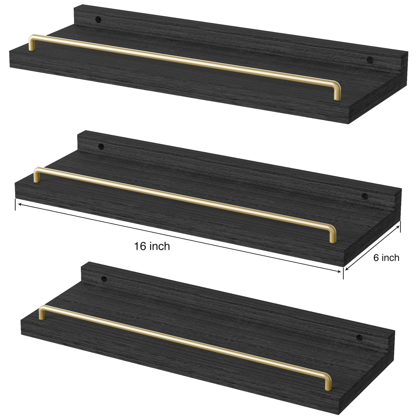 RYOFOBETTO Floating Shelves for Wall Decor, Black and Gold Shelves for Bathroom, Living Room, Bedroom, Picture Frames, Plants, Kitchen (Set of 3)