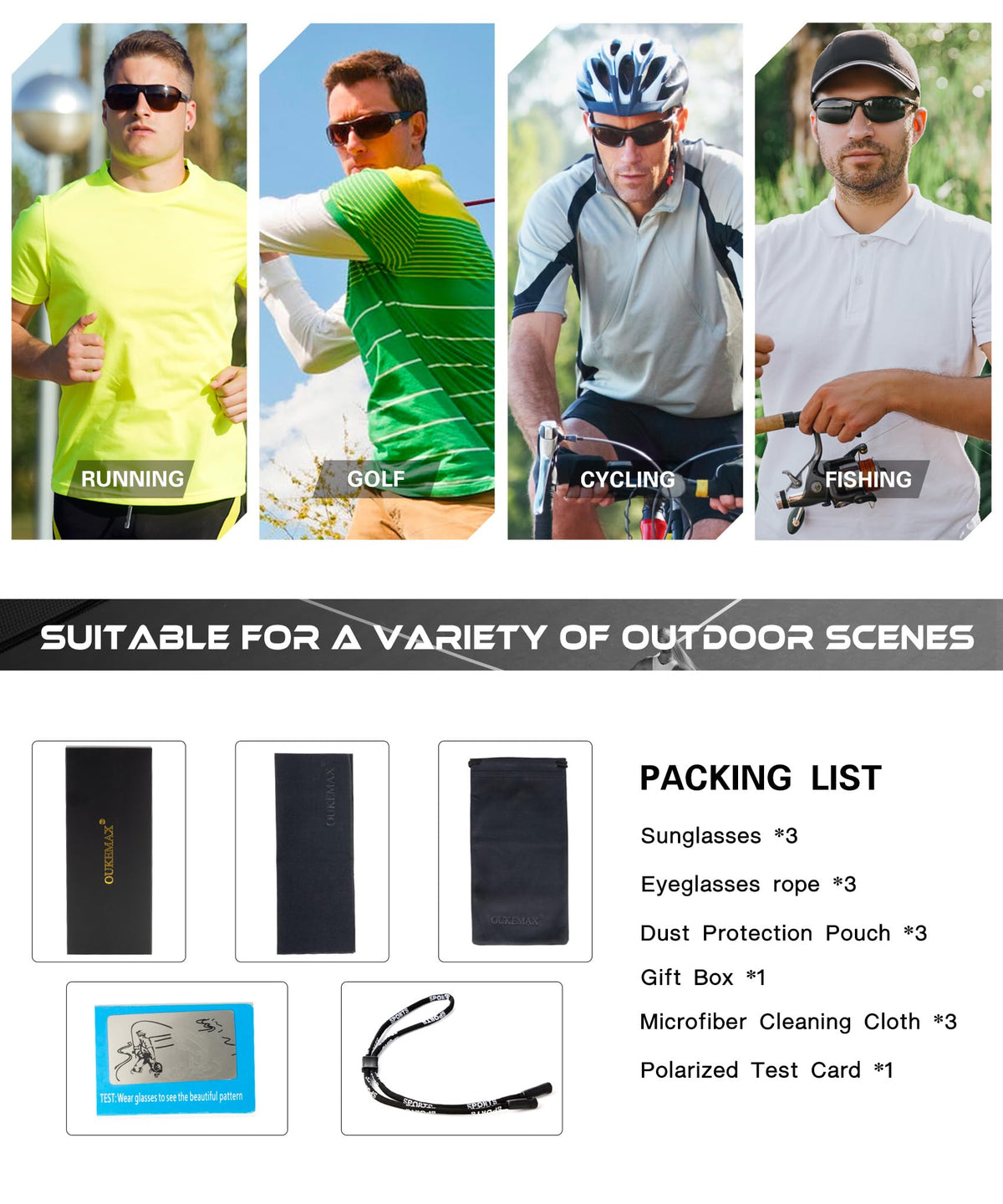 OUKEMAX Polarized Sunglasses Men Sports-Sunglasses: Wrap Around Sun Glasses for Running Cycling Golf UV Protection 3 Pack