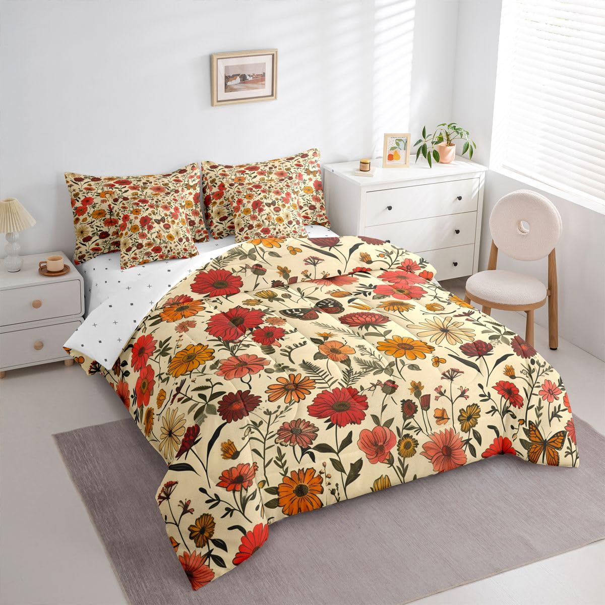 Erosebridal Daisy 7 Piece Bedding Set Queen Butterfly Comforter Set with Sheets Lily of The Valley Floral Theme Bed in a Bag Cute Hand Drawn Flower Butterfly for Kids Boys Girls