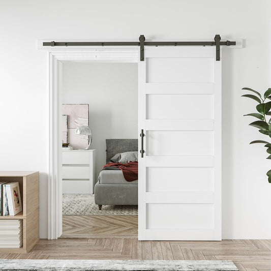 COSHOMER 42in x 84in Sliding Barn Door with 7ft Barn Door Hardware Kit & Handle, Pre-Drilled Holes Easy Assembly -Solid Barn Door Slab Covered with Water-Proof PVC Surface, White, 5 Panel