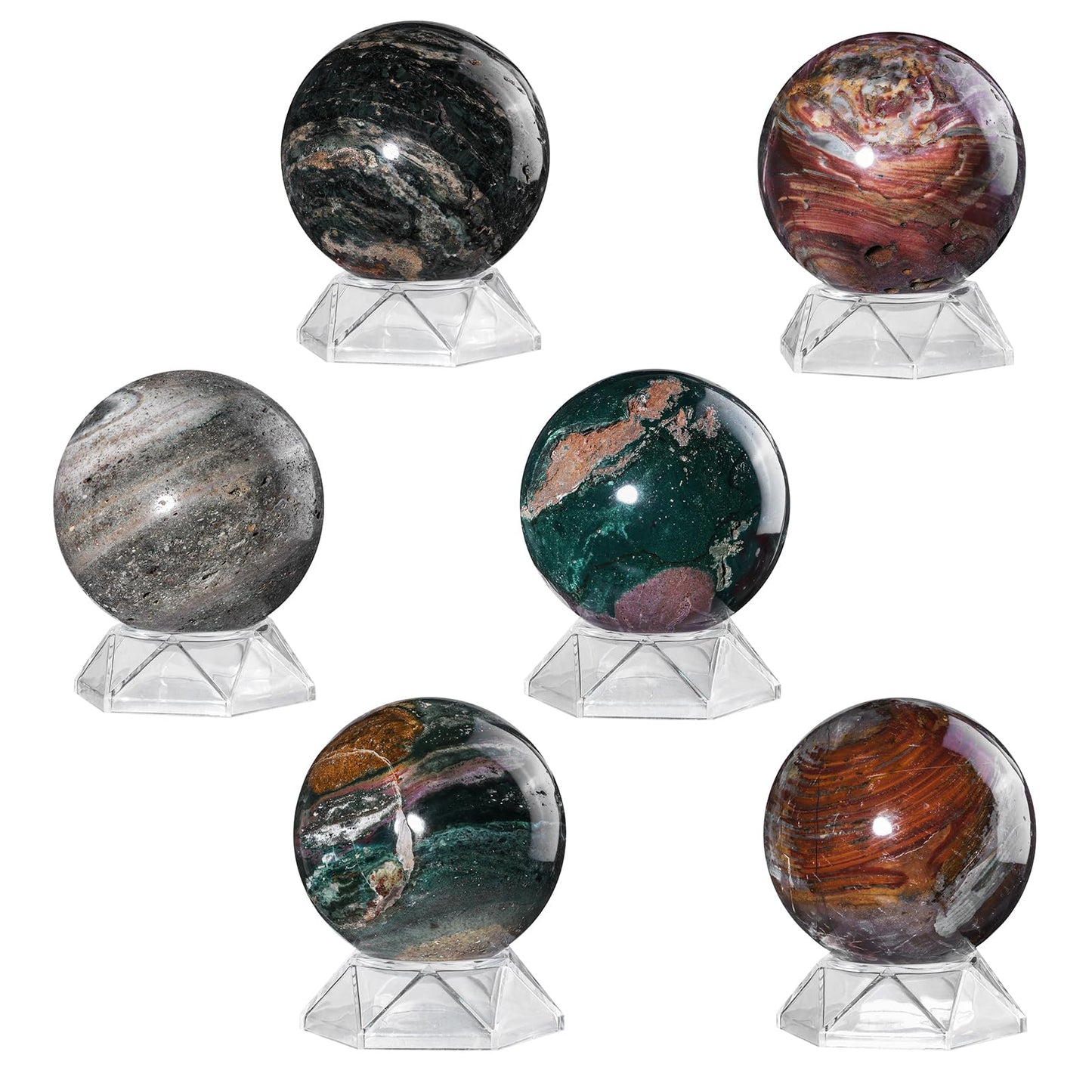 Sportmusies Natural Ocean Jasper Sphere and Acrylic Stand Home Office Decoration, Polished Stone Ball Reiki Healing Meditation, 2.79-3.14 inches