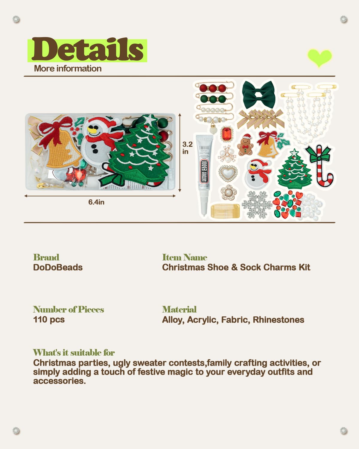 DoDoBeads Christmas Shoe & Sock Charms Kit, 86 pcs DIY Holiday Decorations with Bows, Pearls, Snowflakes, Pins – Perfect for Festive Christmas Socks, Shoes & Holiday Craft Projects