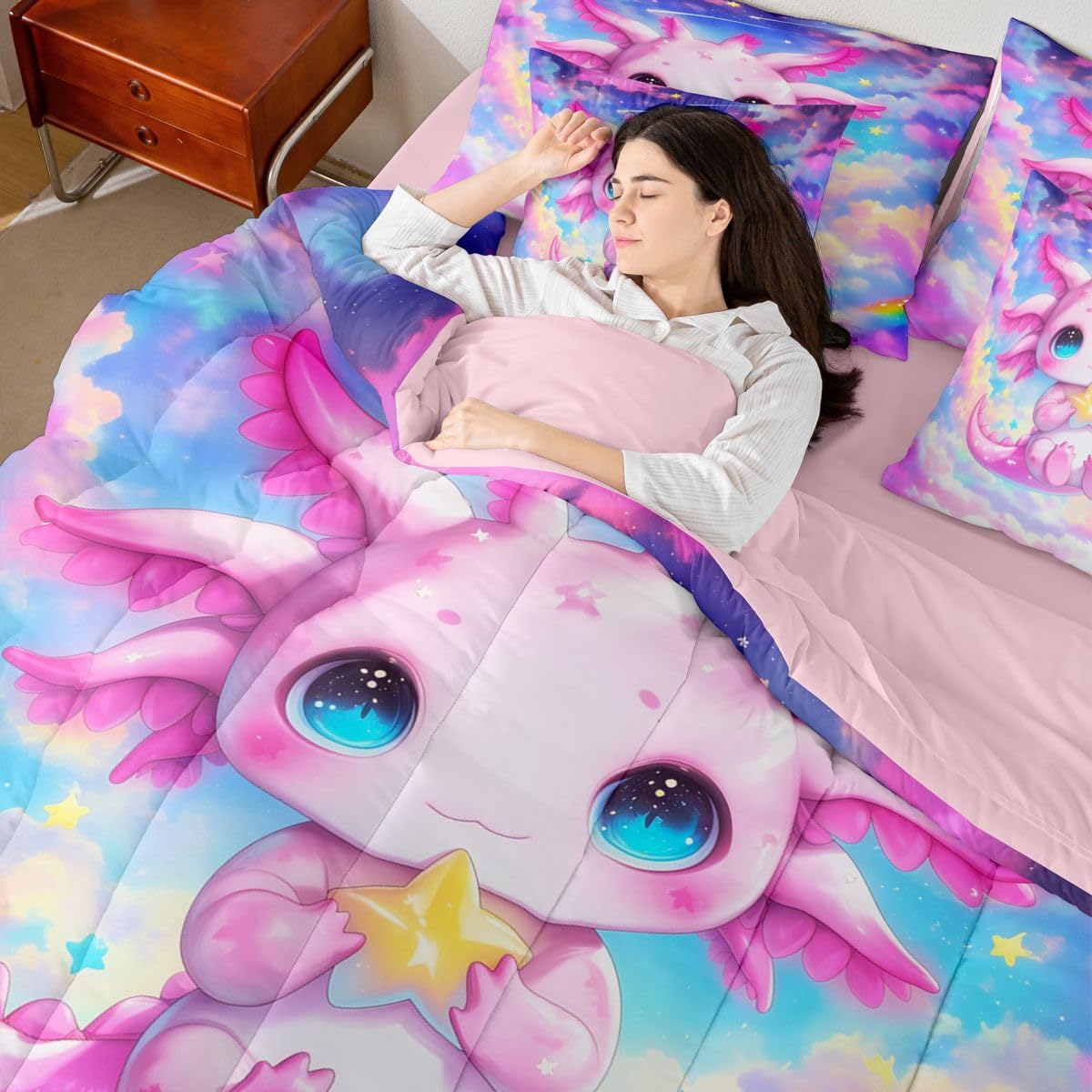 Erosebridal Kids Rainbow Axolotl Queen Bedding Set Girls Cute Axolotl Comforter Set with Flat and Fitted Sheet Rainbow Dreamy Stars Clouds 7-Piece Bed in a Bag Colorful Space Sky Quilt Sets