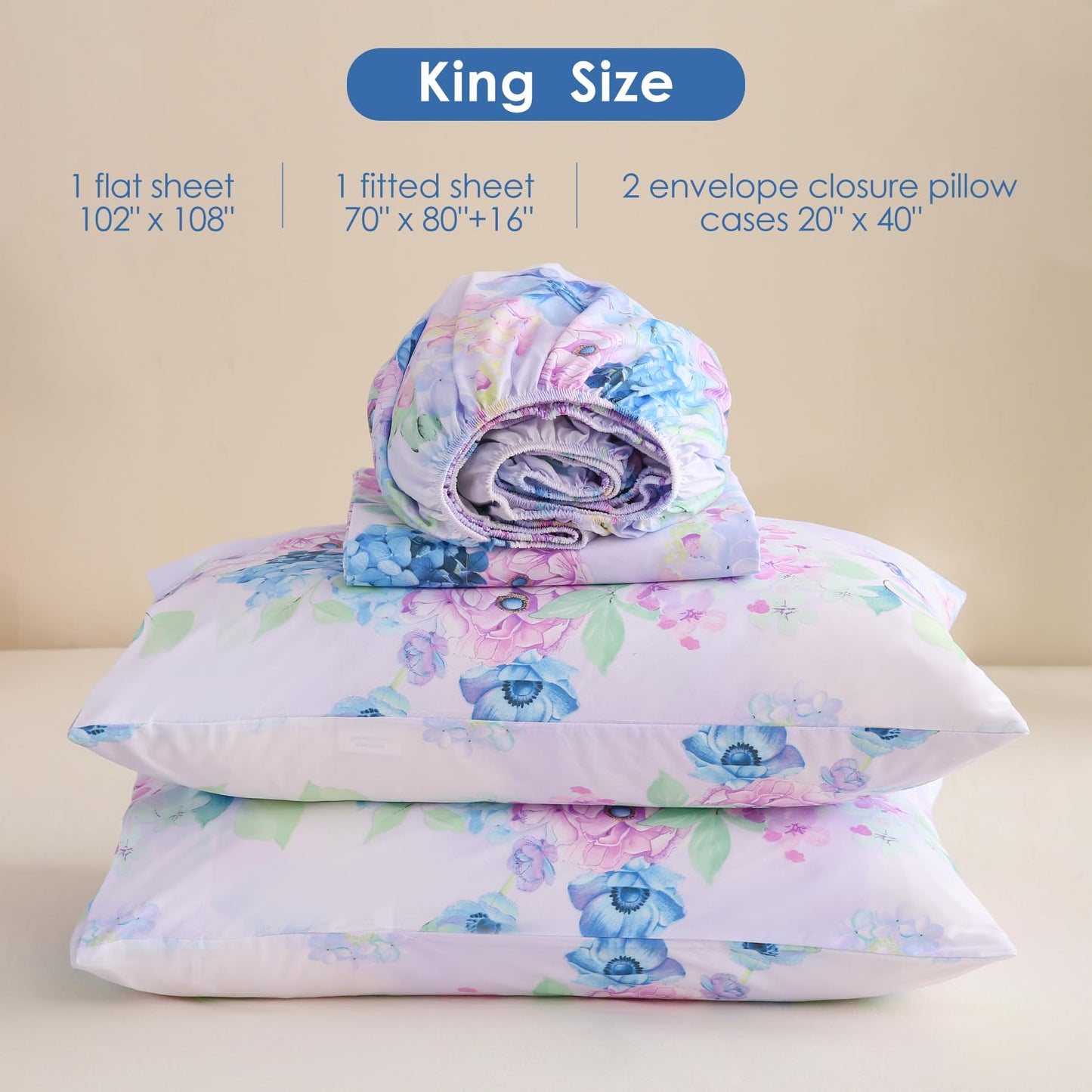 JSD Purple Hydrangea Floral Sheet Set King Size, 4 Piece Soft Spring Printed Microfiber Bed Sheets Deep Pocket