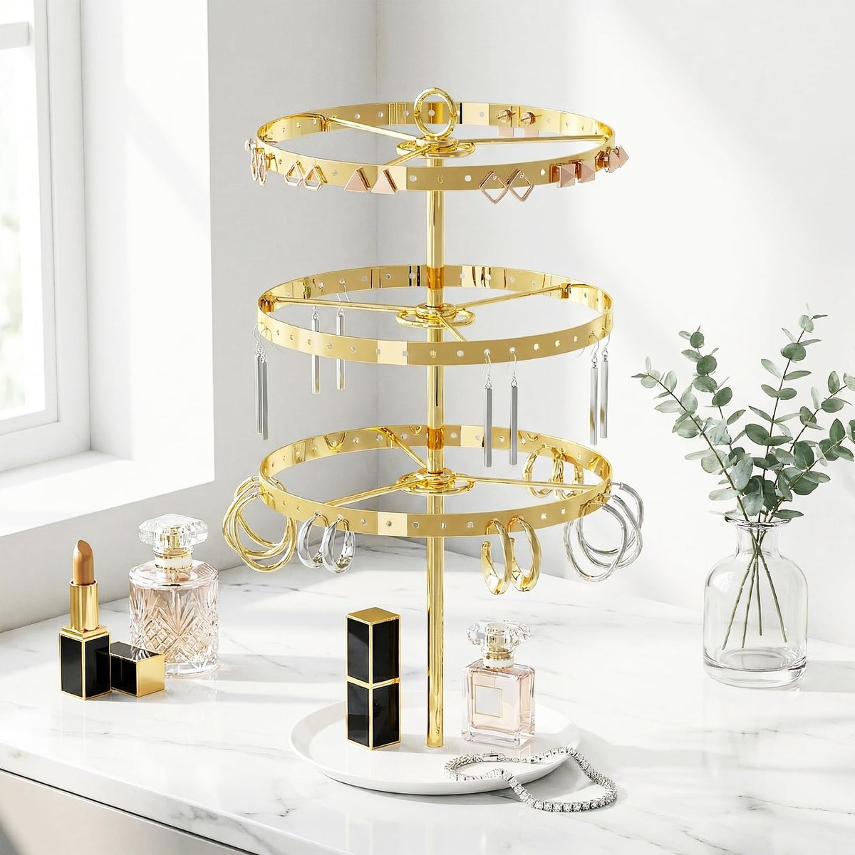 Gghenda 3-Tier Metal Earring Organizer Stand, 360° Rotation, 126 Holes, T-Shape Display Rack (Gold)