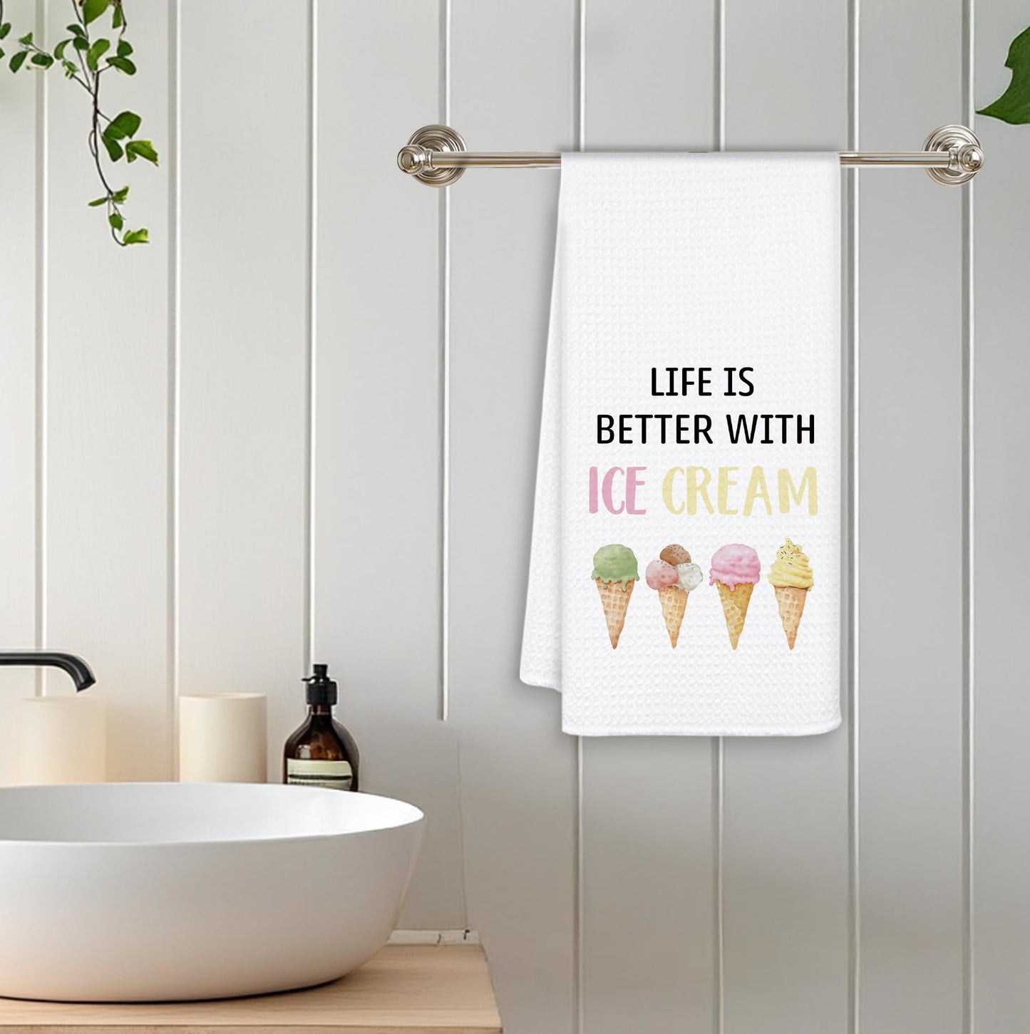 OSLYSOF Summer Ice-Cream Kitchen Towels, Ice Creams Lovers Gifts Dish Tea Towels for Kitchen Decor, Life is Better with Ice Cream Decorative Hand Towels for Bathroom, 16x24 Inch