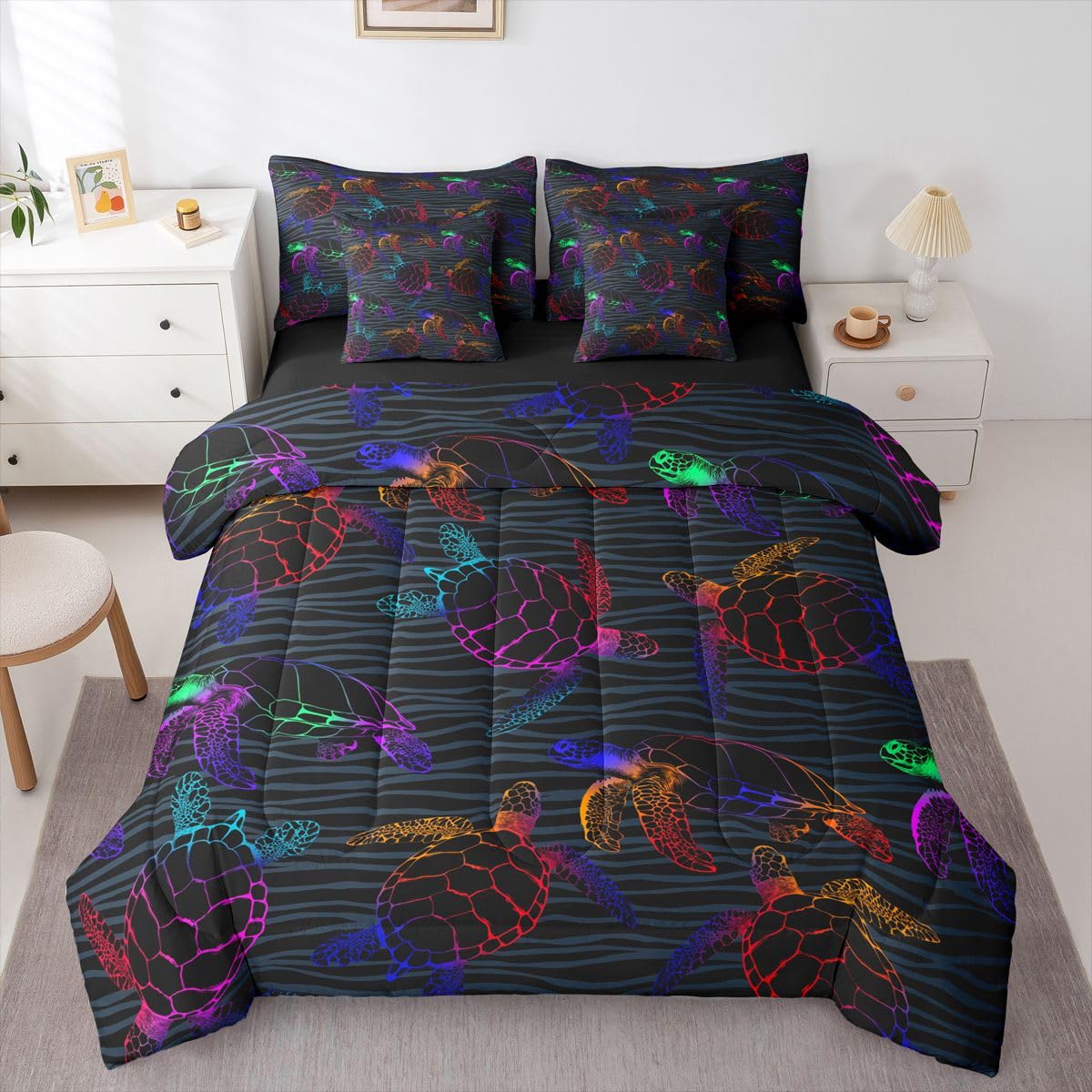 Erosebridal Sea Turtle Queen Size Comforter Set, Ocean Animal 7-Piece Bed in A Bag, Tortoise Sheets and Pillowcases, Gradient Wildlife Coastal Beach Bedding Set Room Decor