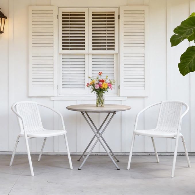 VINGLI PE Rattan Outdoor Dining Chairs Set of 4, Plastic Stackable Patio Chairs for Indoor, Porch, Restaurant, Garden, White