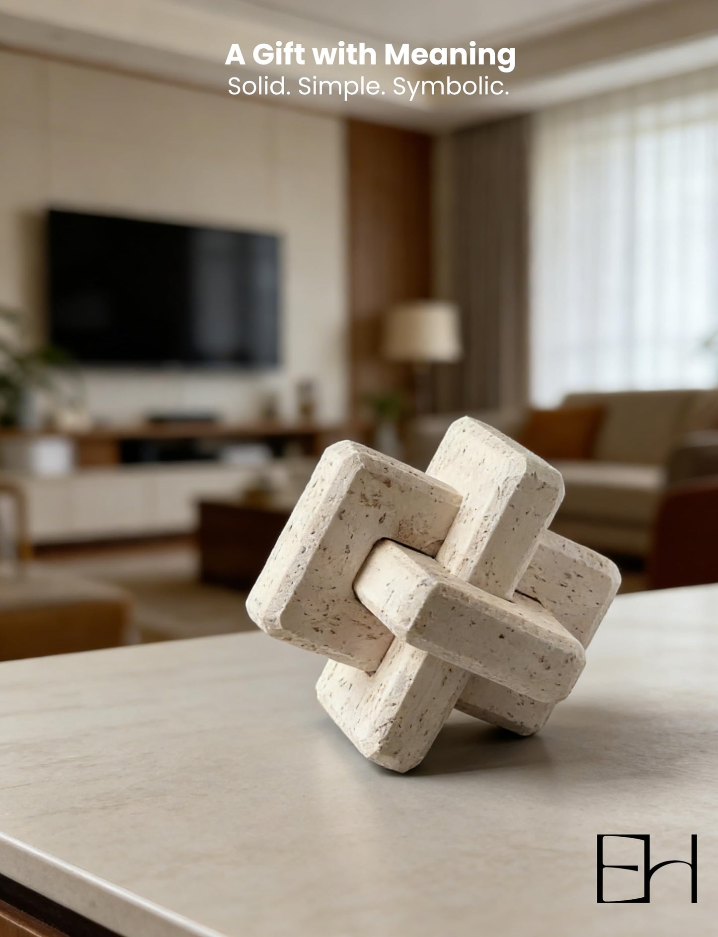 EXCHUES Knot Decor 3 Link – Resin Travertine Coffee Table Decor for Living Room, Beige Decorative Objects for Shelves, Stone Marble Texture Accent for Entryway Home (Beige 4.7 Inch)