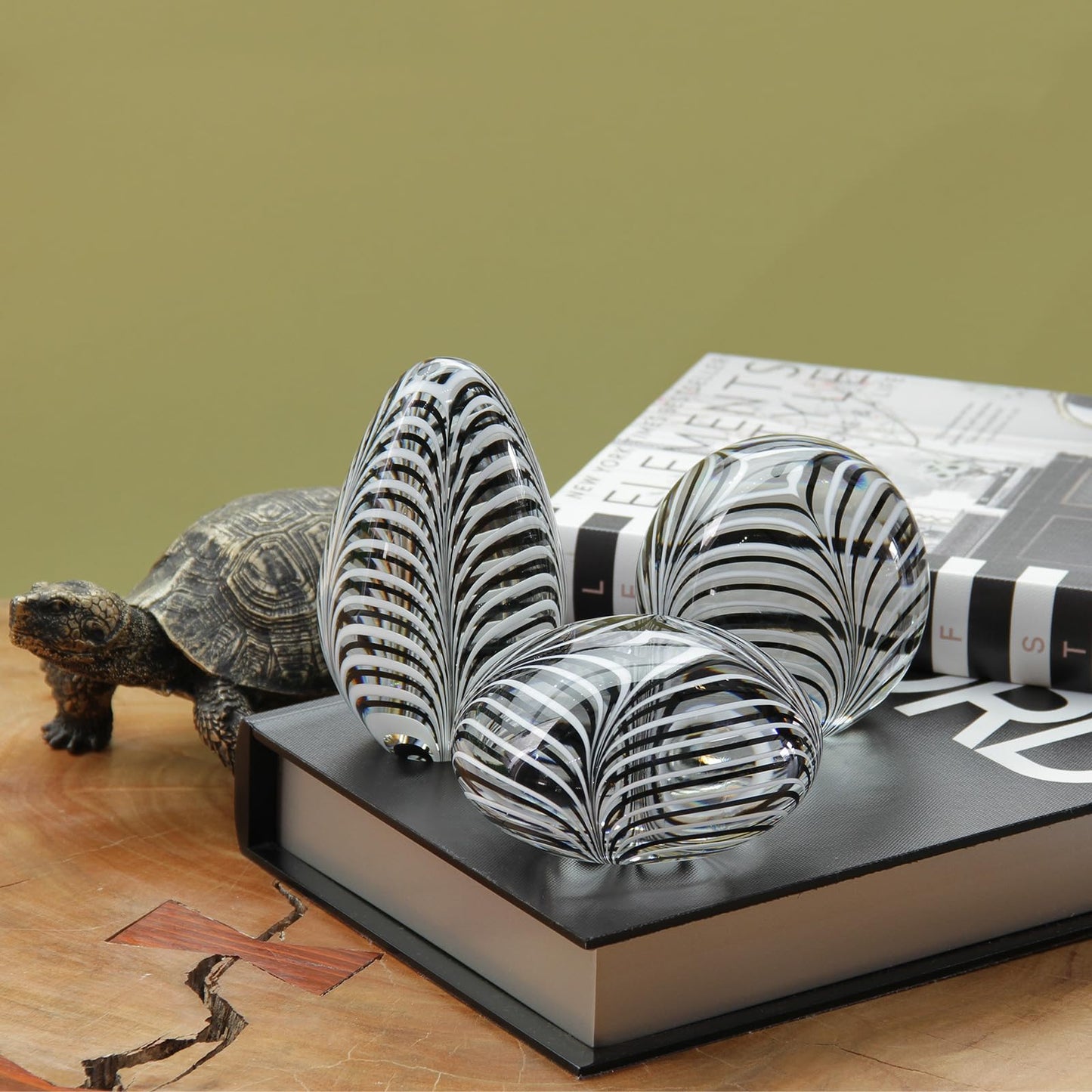 Ca D Oro Ball Glass Paperweight Black and White Feather Pattern Hand Blown Murano-Style Art Glass
