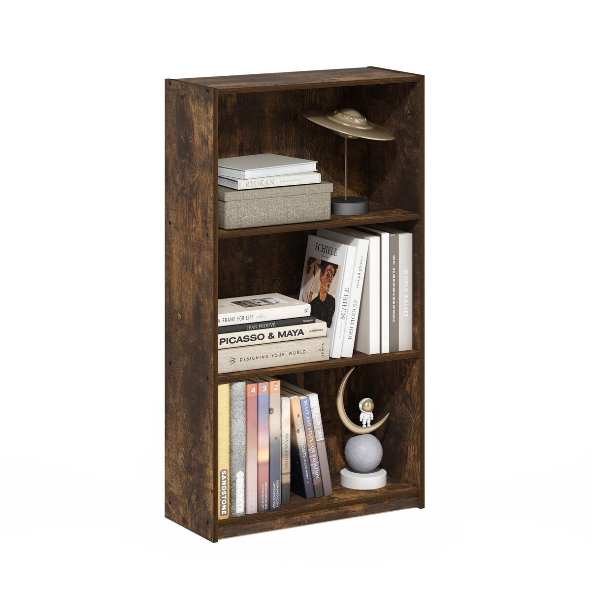 Furinno Basic Book Shelf, 3-Tier Modern Bookshelf, Bookcase with Open Shelves, 9.3 x 21.8 x 39.5, for Living Room, Bedroom, Home Office, Amber Pine