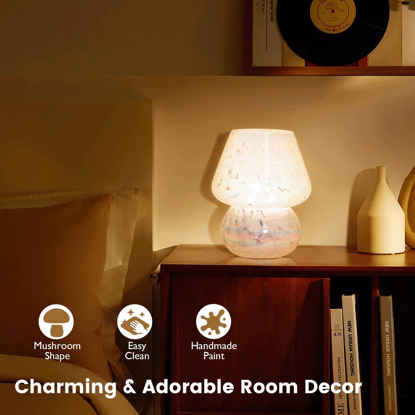 ULAROOM USB Plug-in Mushroom Lamp Small Bedside Table Lamp with 3 Temperature LED Bulb, Free Dimming Nights Light for Bedroom/Living Room/Entryway/Corner Decor or New Home Gift(Rainbow White)