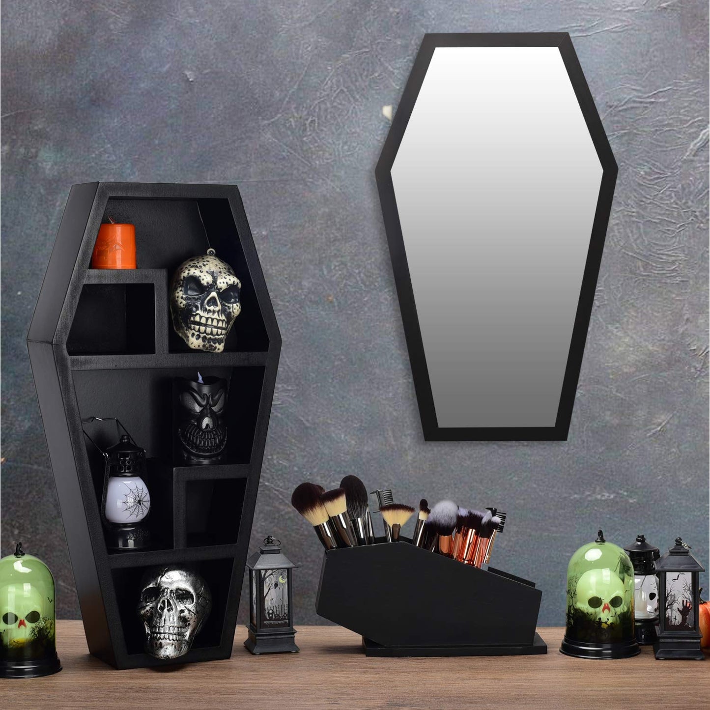 Gothvanity Coffin Brush Holder - Gothic Desk Organizer - Wooden Coffin Pen Holder -Spooky Decor for Bathroom, Living Room or Bedroom- Black - 10x 5x3.25 Inches