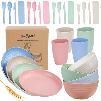 Wheat Straw Dinnerware Sets for 4, Wheat Straw Plates and Bowls Sets Kitchen Dishes 28pcs College Dorm Room Essentials Cutlery Set Microwave Safe (Colorful)