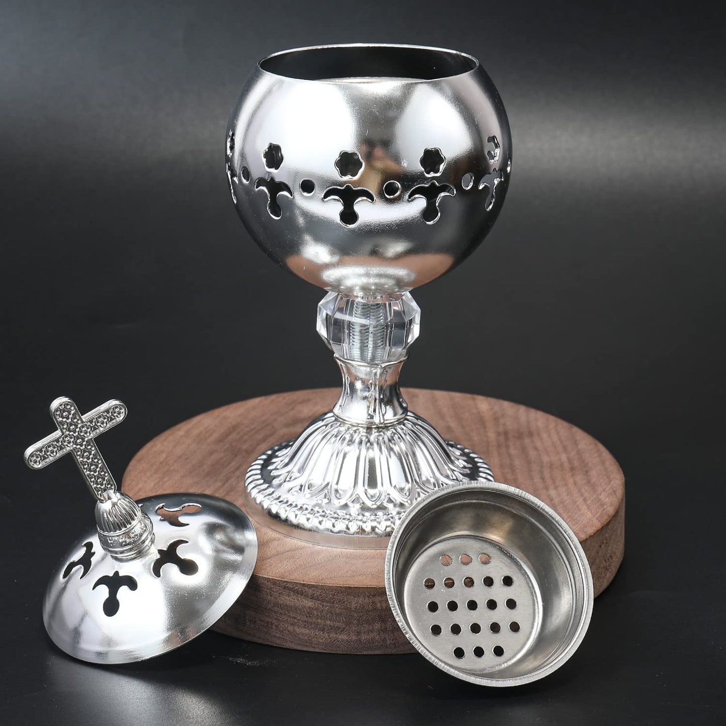 Nazareth Store Silver Charcoal Incense Burner Catholic Cross Censer Brass Plated Distiller for Church and Home