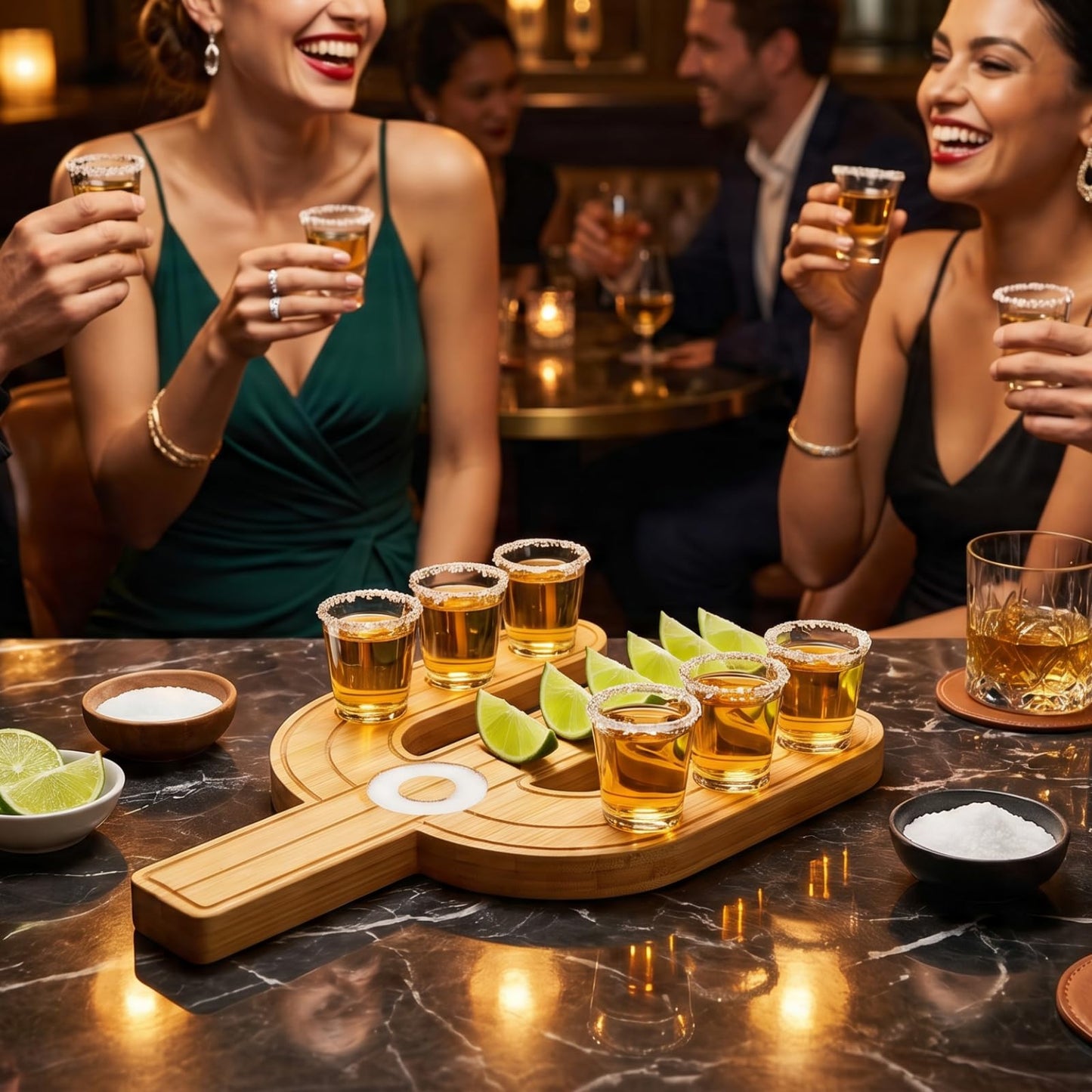 Cactus Tequila Tray & Shot Glasses Set - Tequila Gifts & Mexican Gifts - Bamboo Shot Glass Holder Serving Tray - Flight Board with Lemon Bowl, Salt Rimmer & Shot Glass Set - Party Shot Board, Gift