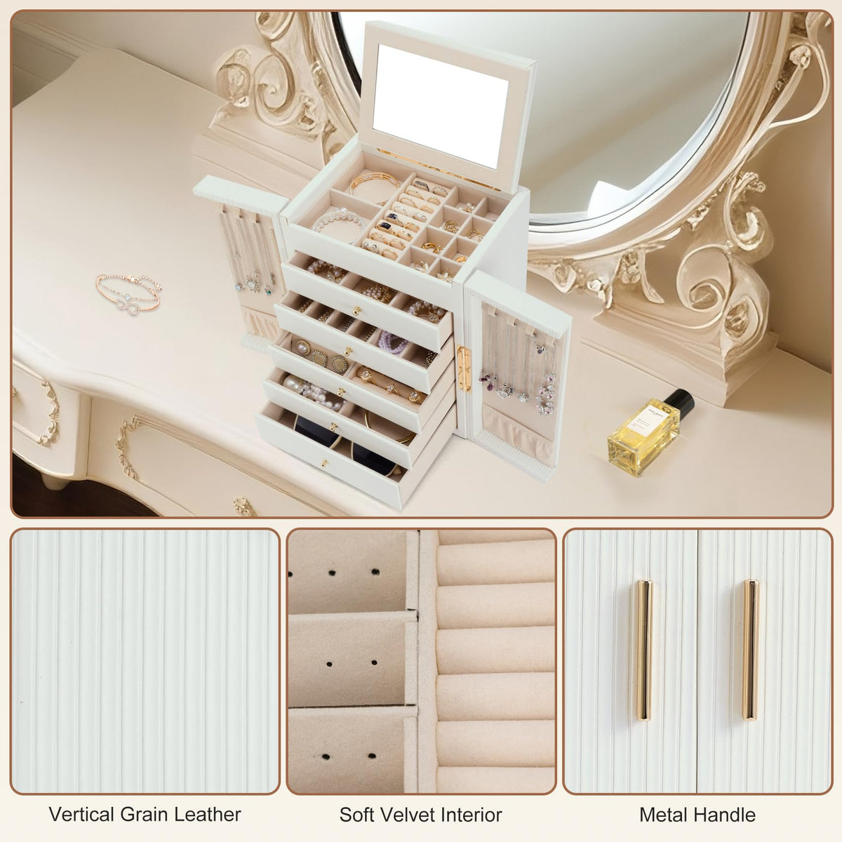 Dajasan Large Jewelry Organizer Box, Jewelry Boxes for Women Girls, 6-Tier Jewelry Storage Organizer with Mirror for Necklace Ring Bracelet Watch, Gift Idea (White)