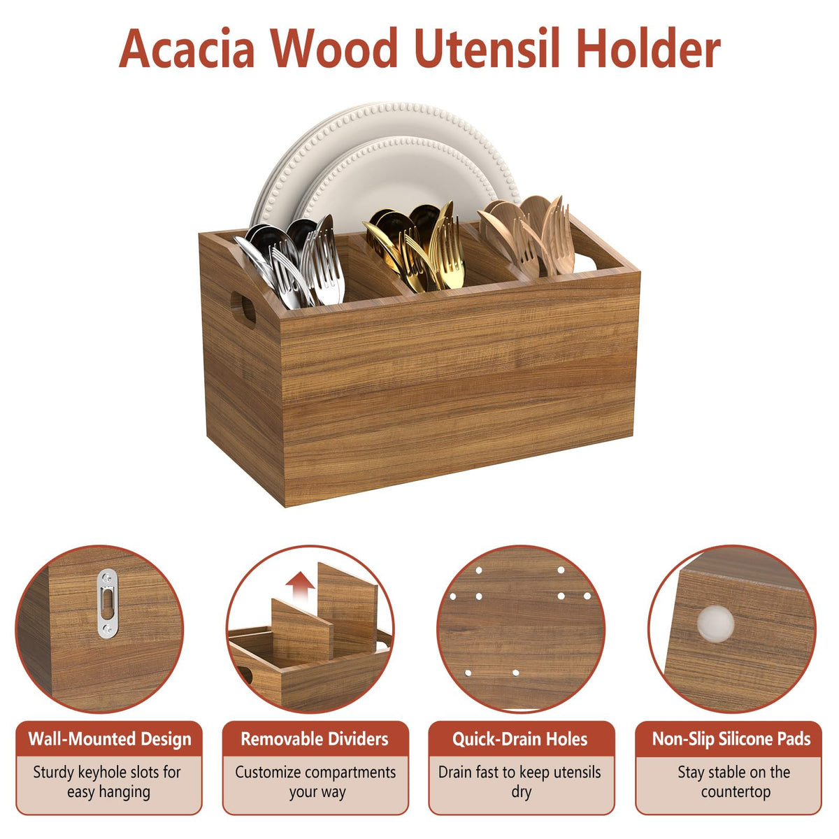 COAZEX Wooden Kitchen Utensil Holder for Countertop or Wall, Extra Large Acacia Wood Utensil Holder Organizer with 5 Compartments, Rustic Utensil Caddy for Cooking Tools & Silverware
