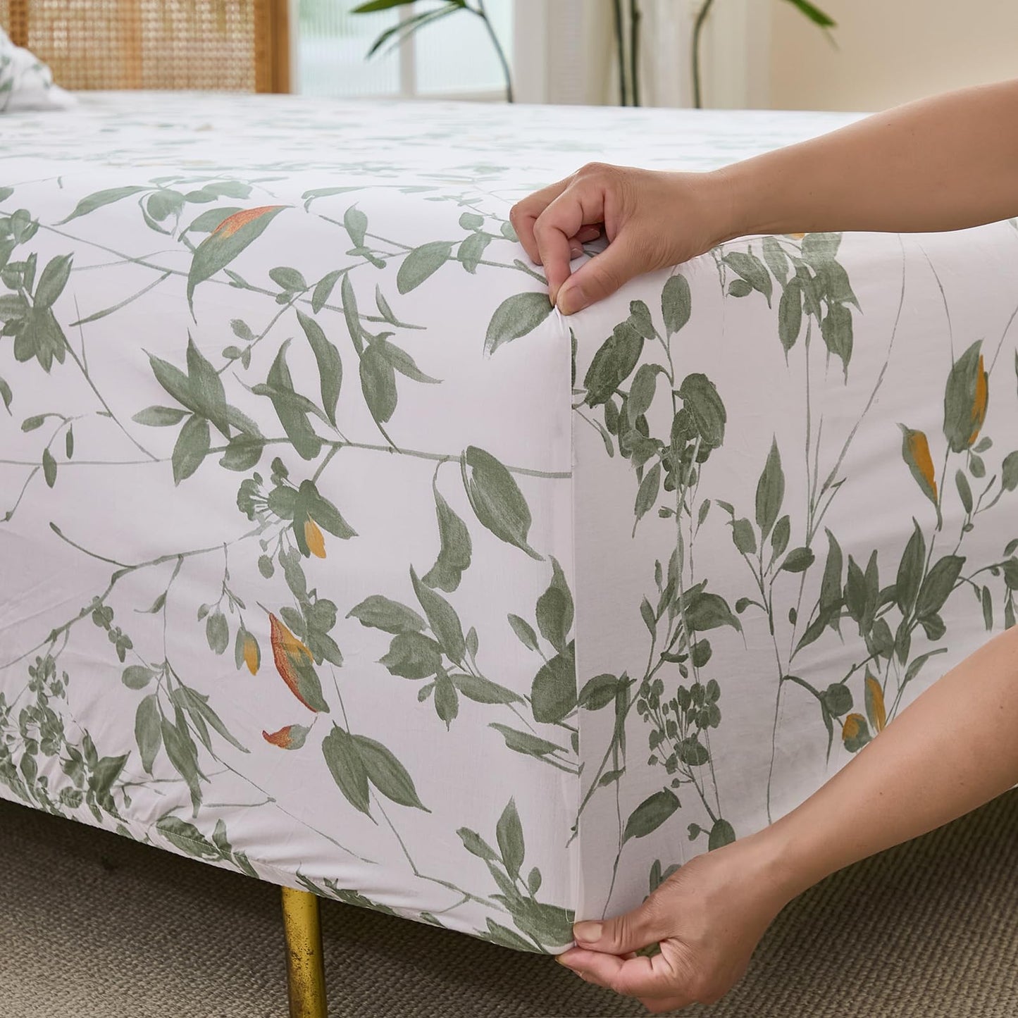 Cozaline 100% Cotton Sheets Set King Size – 4 Pieces Luxury Breathable Percale Cotton Bedding with Deep Pockets, Crisp Cool Feeling, Soft&Durable, Refined Botanical Elegance, Green Floral Bed Sheets