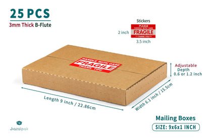 Jiazalpak 9x6x1 Inch Shipping Boxes, Brown Corrugated Cardboard, Multi-Depth DVD Mailer Boxes with Fragile Stickers, 25 Pack