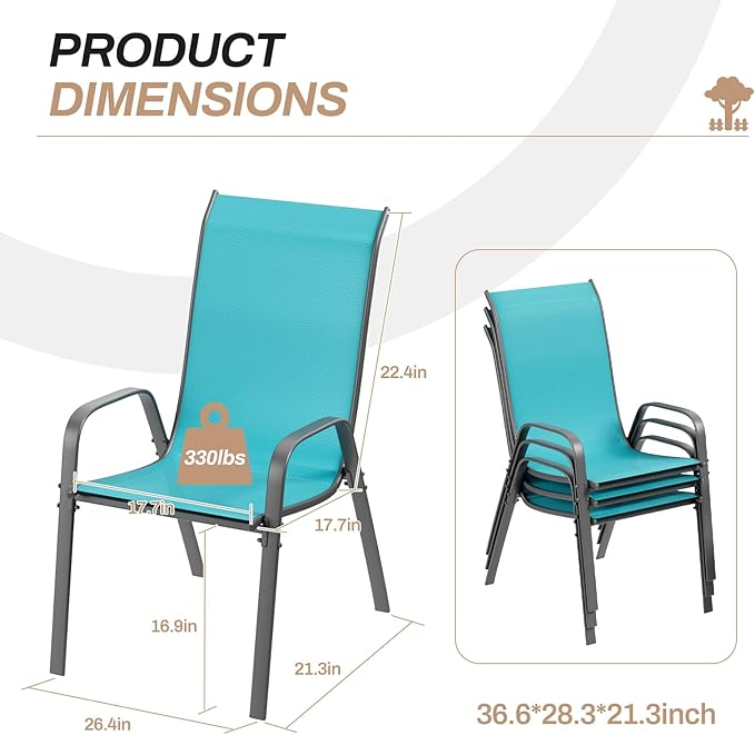 TLSUNNY Patio Chairs, Stackable Textilene Outdoor Dining Furniture for All Weather, with 17.7″ Wide Seat & Metal Frame, for Garden, Backyard, Deck, Restaurant, Poolside (4, Turquoise Blue, 26.4″)