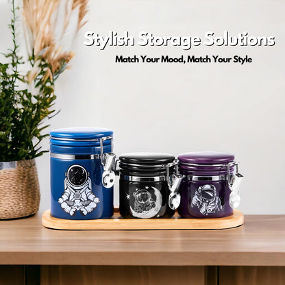 Astronaut Smell Proof Jar Bundle - 3 Pack (1L+2S), Pottery Smell Proof Container with Bamboo Holder Kit, Versatile Airtight Storage Set Cute Spaceman Gifts for Connoisseur - Blue Black Purple