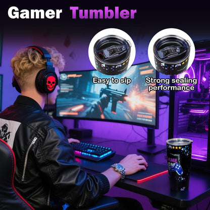 ANOTION Valentines Day Gamer Gifts for Him-5PCS Gaming Gift Set for Boyfriend Teen Boys Men - 20oz Insulated Tumbler, Beanie, Socks, Pillowcase, Card, Gaming Gifts Box for Teenage Boys