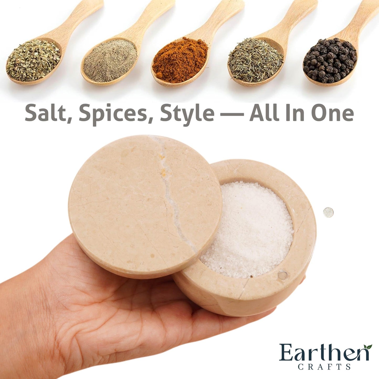 EARTHEN CRAFTS Marble Salt Cellar with Swivel Lid 3 Inch Beige Stone Mini Salt Box for Kitchen Counter with Magnetic Closure, 2.5 OZ Capacity, Ideal for Kosher Salt and Gourmet Seasonings
