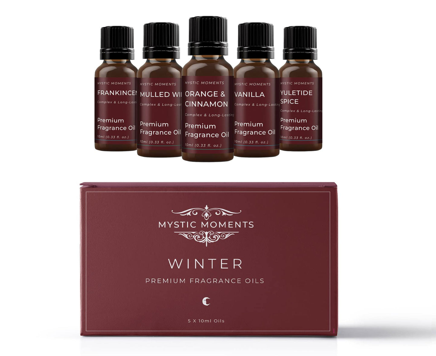 Mystic Moments | Winter Fragrance Oil Gift Starter Pack 5x10ml | Frankincense, Mulled Wine, Orange & Cinnamon, Vanilla, Yuletide Spice | Perfect as a Gift