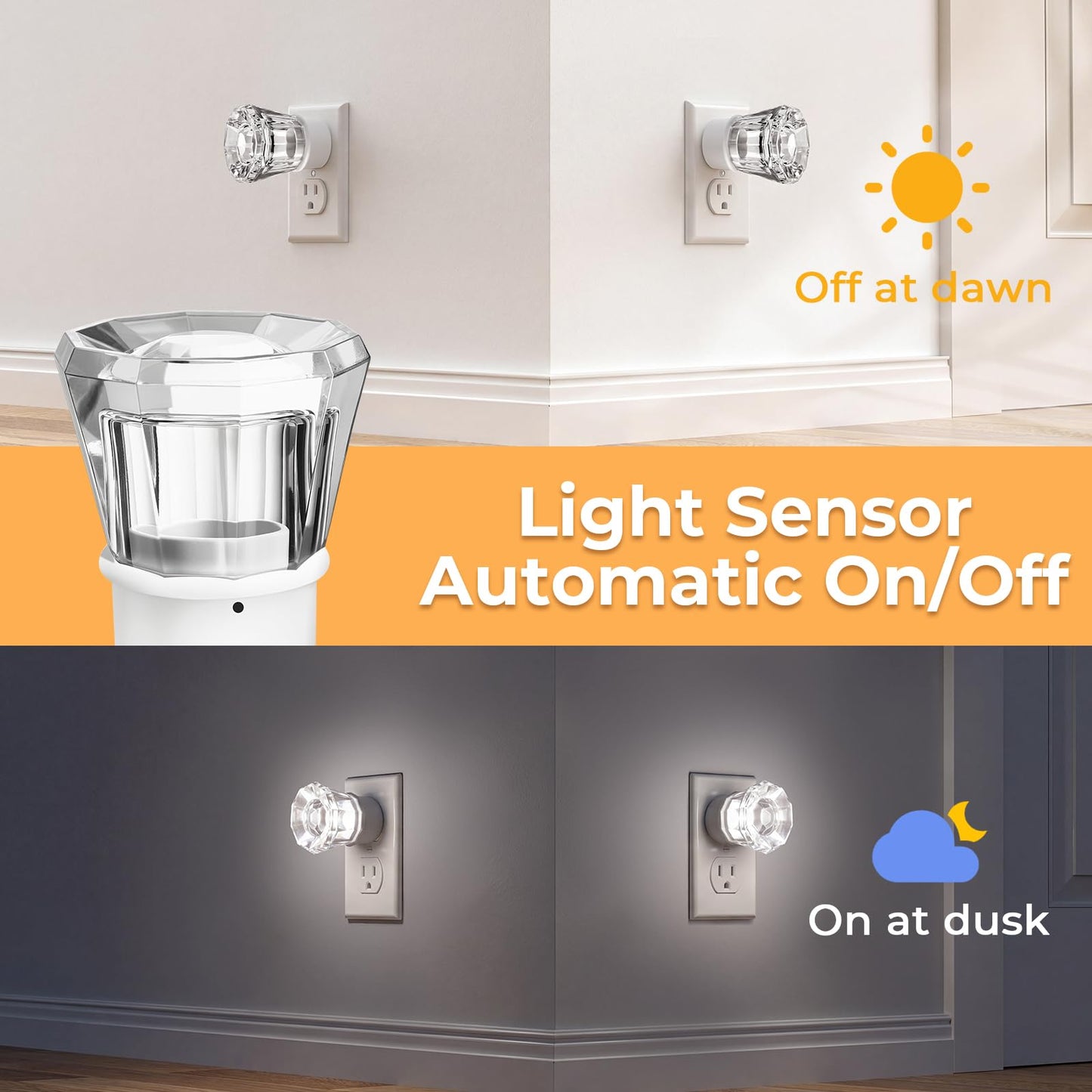 4-Pack LED Night Lights Plug in Wall, Crystal Acrylic Decorative Crown Design Nightlights with Dusk-to-Dawn Auto Sensor, 5000K Daylight 50LM, for Bedroom, Bathroom, Kids’ Room, Hallway, Living Room