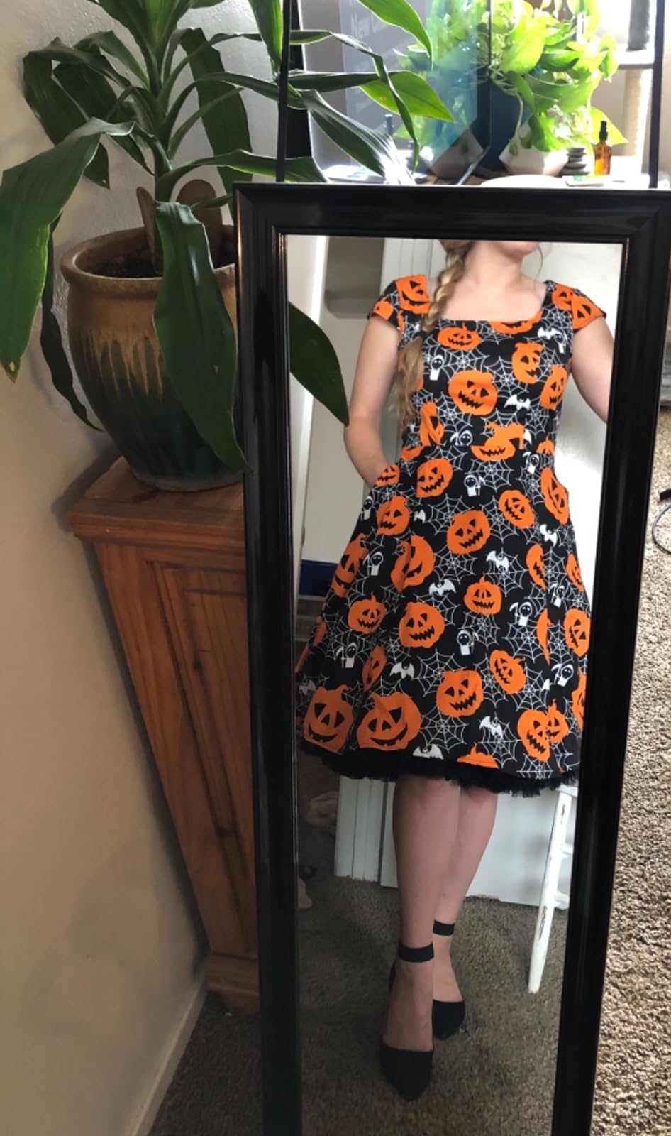 PUKAVT Women's Cocktail Party Dress Cap Sleeve 1950 Retro Swing Dress with Pockets Pumpkin L