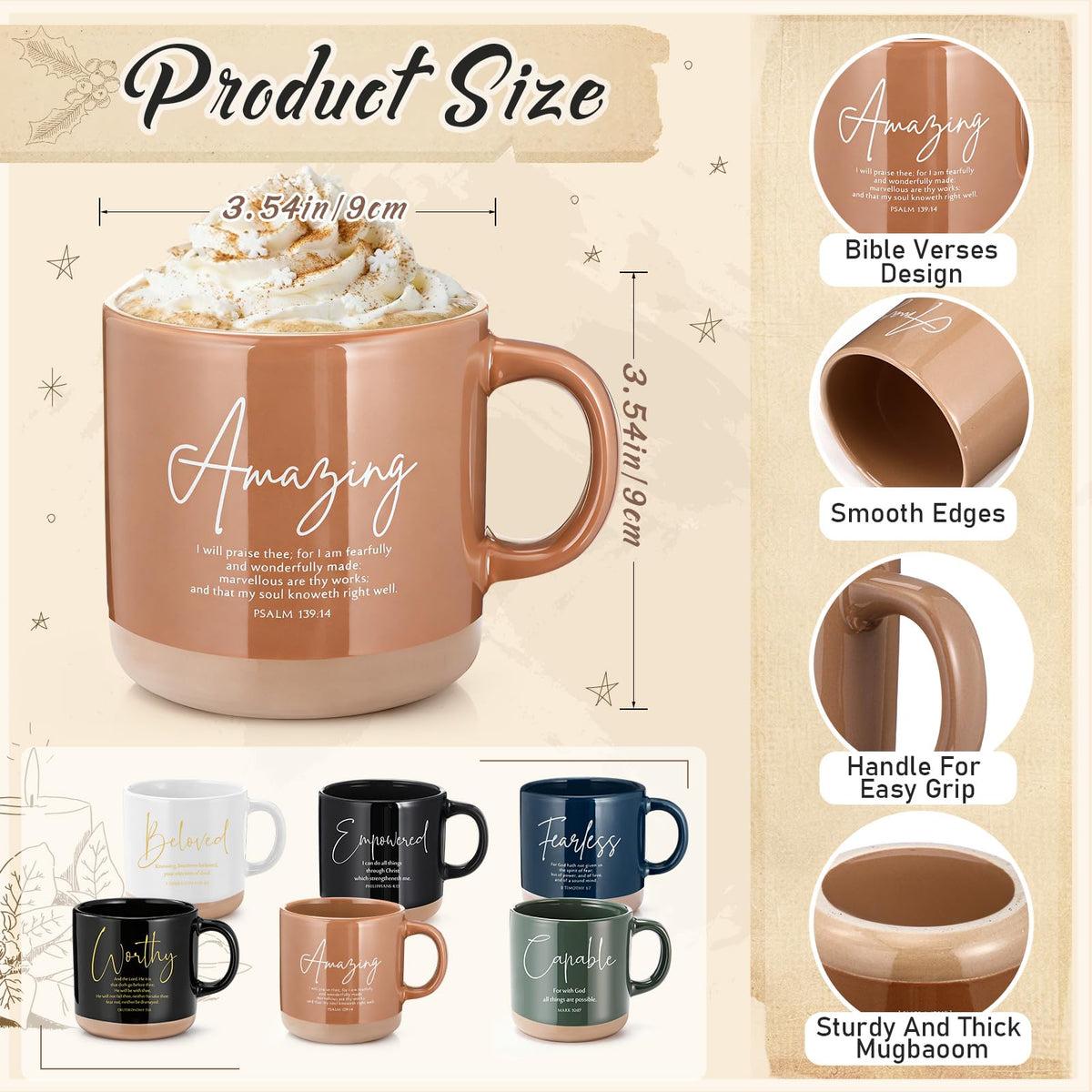 Potchen 18 Pcs Christian Gift Set for Women Men, 13oz Bible Verse Ceramic Coffee Mugs with Leather Journal Pen Inspirational Religious Gifts for Office Coworkers Pastor Church (Bible,Neutral Brown)