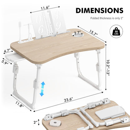 Lap Desk for Bed Adjustable Height, Foldable Bed Table with Storage Drawer, Tablet Slot & Cup Holder, Portable Laptop Stand for Bed & Sofa, Bed Desk for Adults & Kids, Glacier