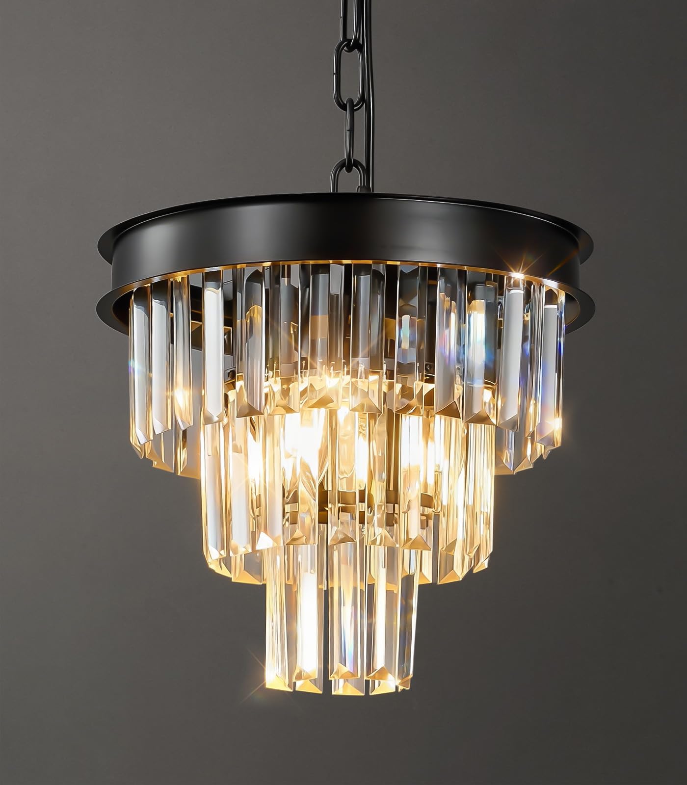 Modern Crystal Chandeliers For Dining Room: 12" Black Small Luxury Hanging Pendant Light Fixture Over Table - 3 Tiers Mini Round Chandelier For Kitchen Island Bedroom Entryway Foyer Closet 4 Lights