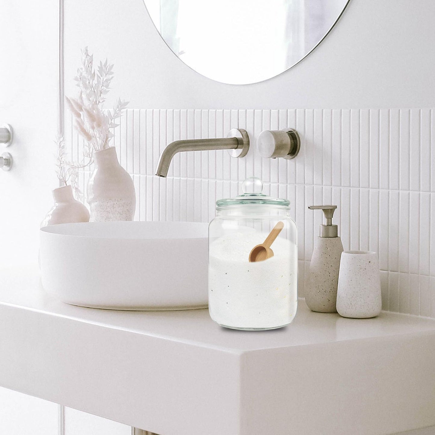 Global BathGlow 70 oz Bath Salt Set - Glass Jar with 2 Wooden Scoop & Airtight Lids, 2 Large Storage Canisters for Salt, Candy, Tea, Bath Decor