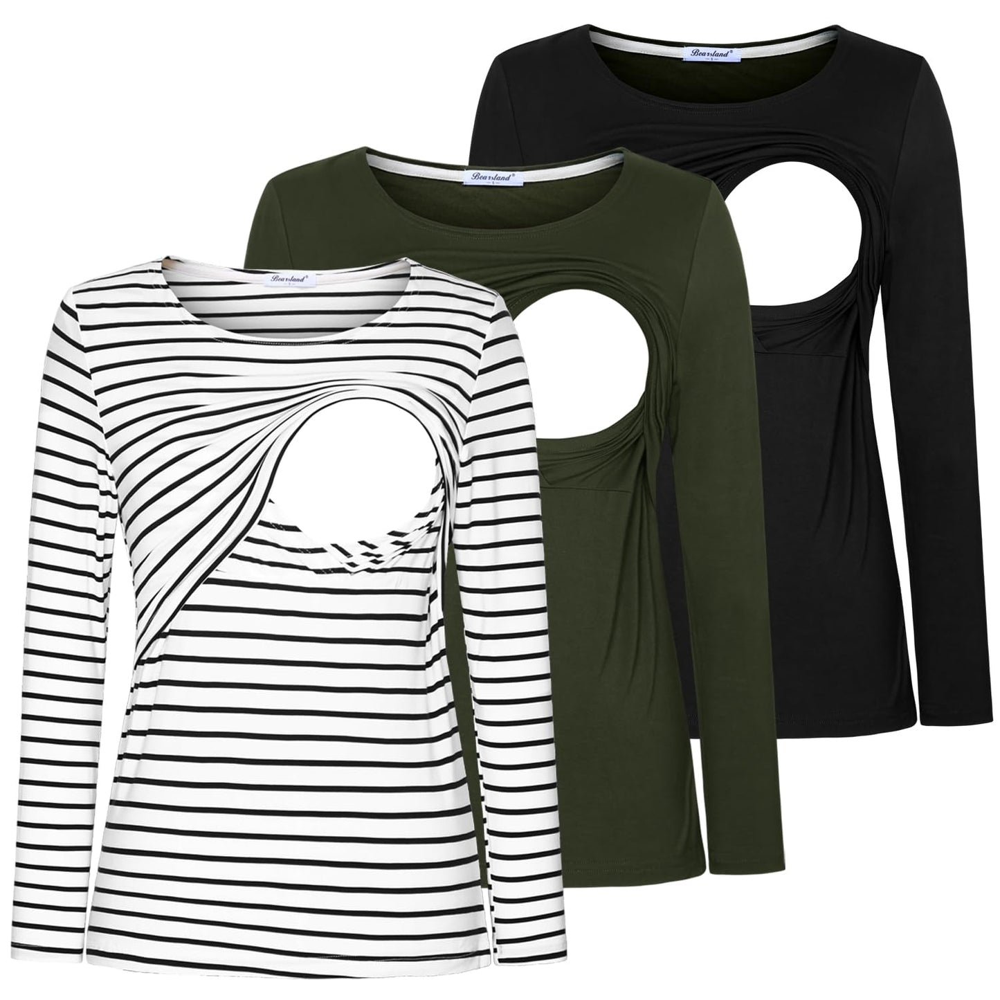 Bearsland Women's Nursing Shirt Long Sleeve Round Neck Breastfeeding Top, Black & Army Green & White Stripes, L