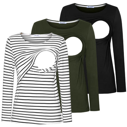 Bearsland Women's Nursing Shirt Long Sleeve Round Neck Breastfeeding Top, Black & Army Green & White Stripes, L