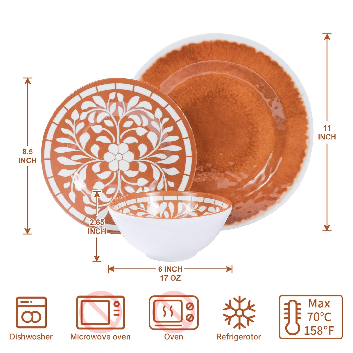 Yinshine Melamine Plates and Bowls Set, 12-Piece Melamine Dinnerware Set, Dinner Serving Dishes Set for 4, Unbreakable, Brown-Yellow