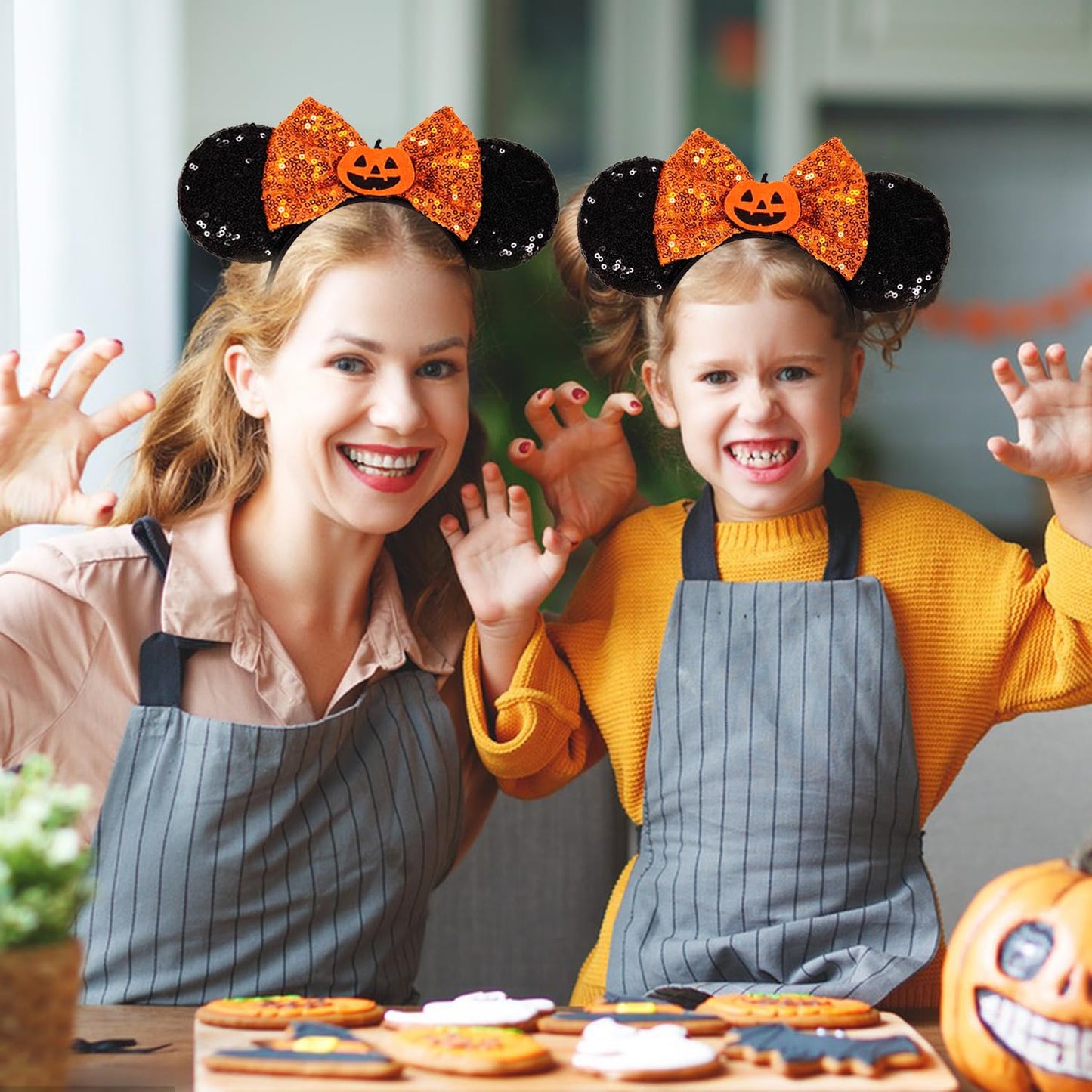 TEBWPIY Halloween Headband - Black Mouse Ears Headband with Shiny Orange Bows and Pumpkin Decoration, Costume Headwear for Girls Women, One Size Fits Most